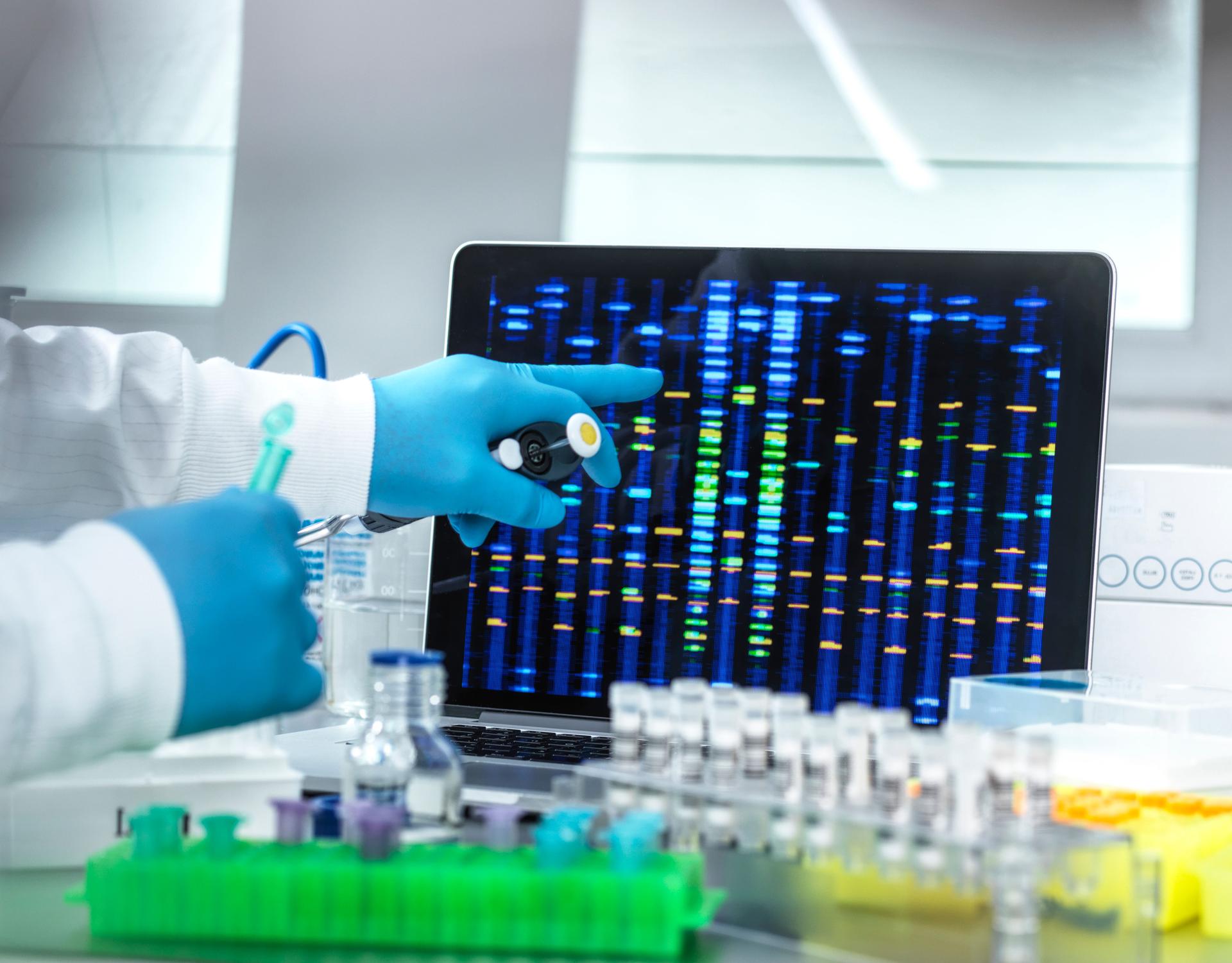 Scientist viewing DNA results from samples in the lab.