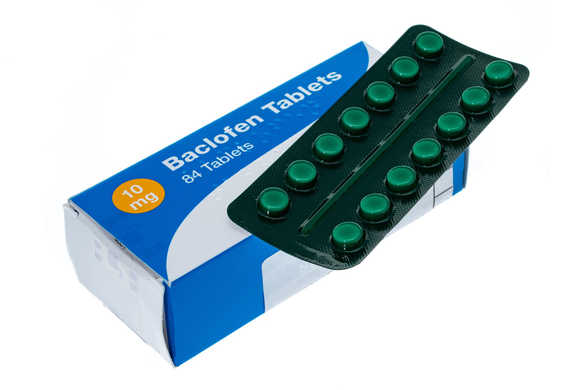 Generic box of Baclofen medication - white background